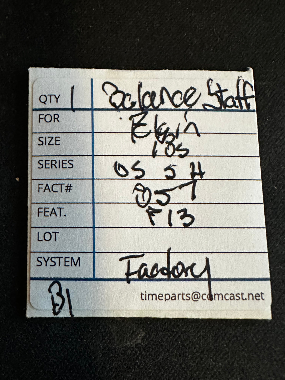 Elgin Factory Balance Staff for 18s, Old Style, Short Hub, Pivot 13, No. 857