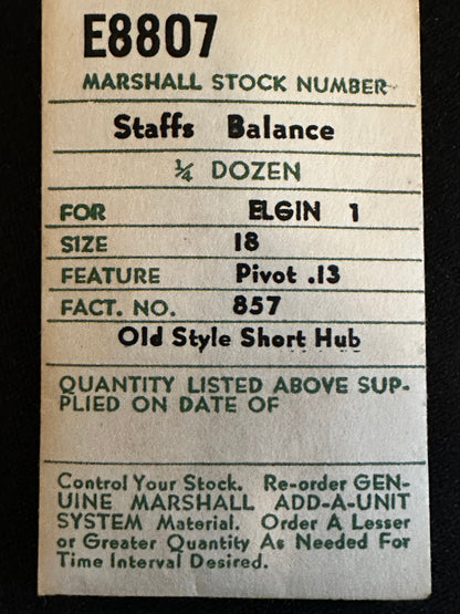C & E Marshall Balance Staff E8807 for Elgin 18s No. 857 P13 Short Hub