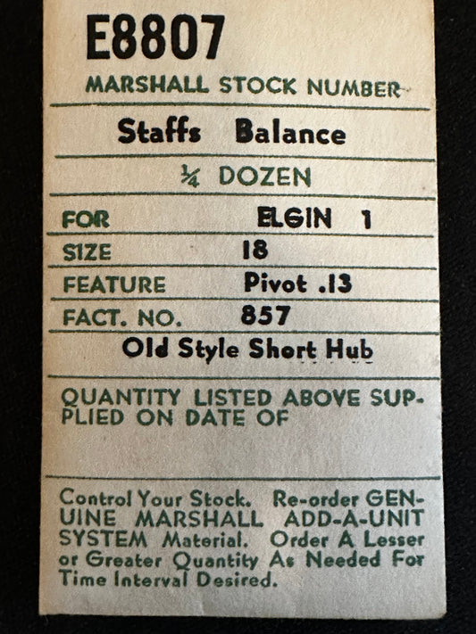 C & E Marshall Balance Staff E8807 for Elgin 18s No. 857 P13 Short Hub