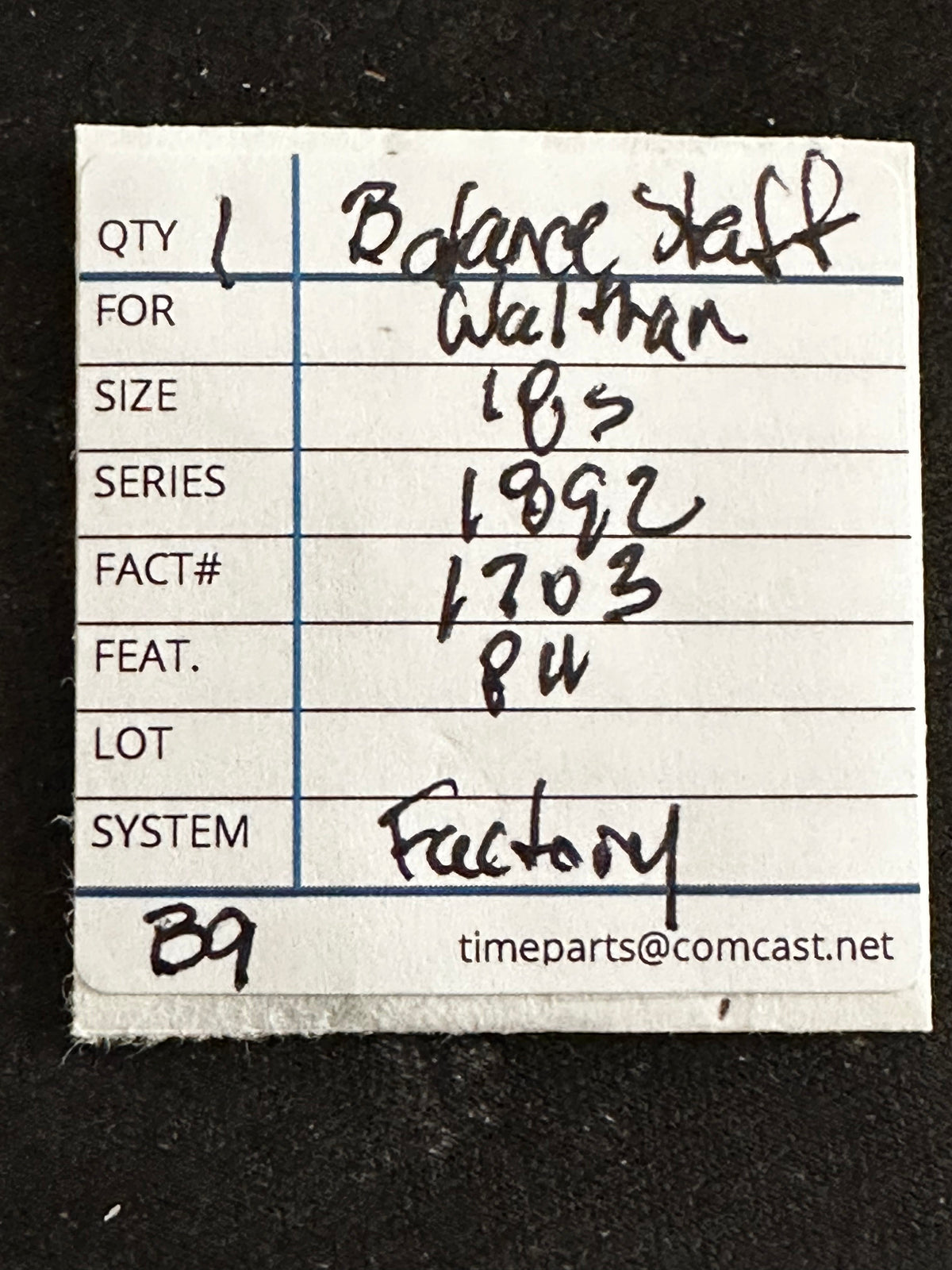 Waltham Factory Balance Staff for 18s Model 1892 No. 1703