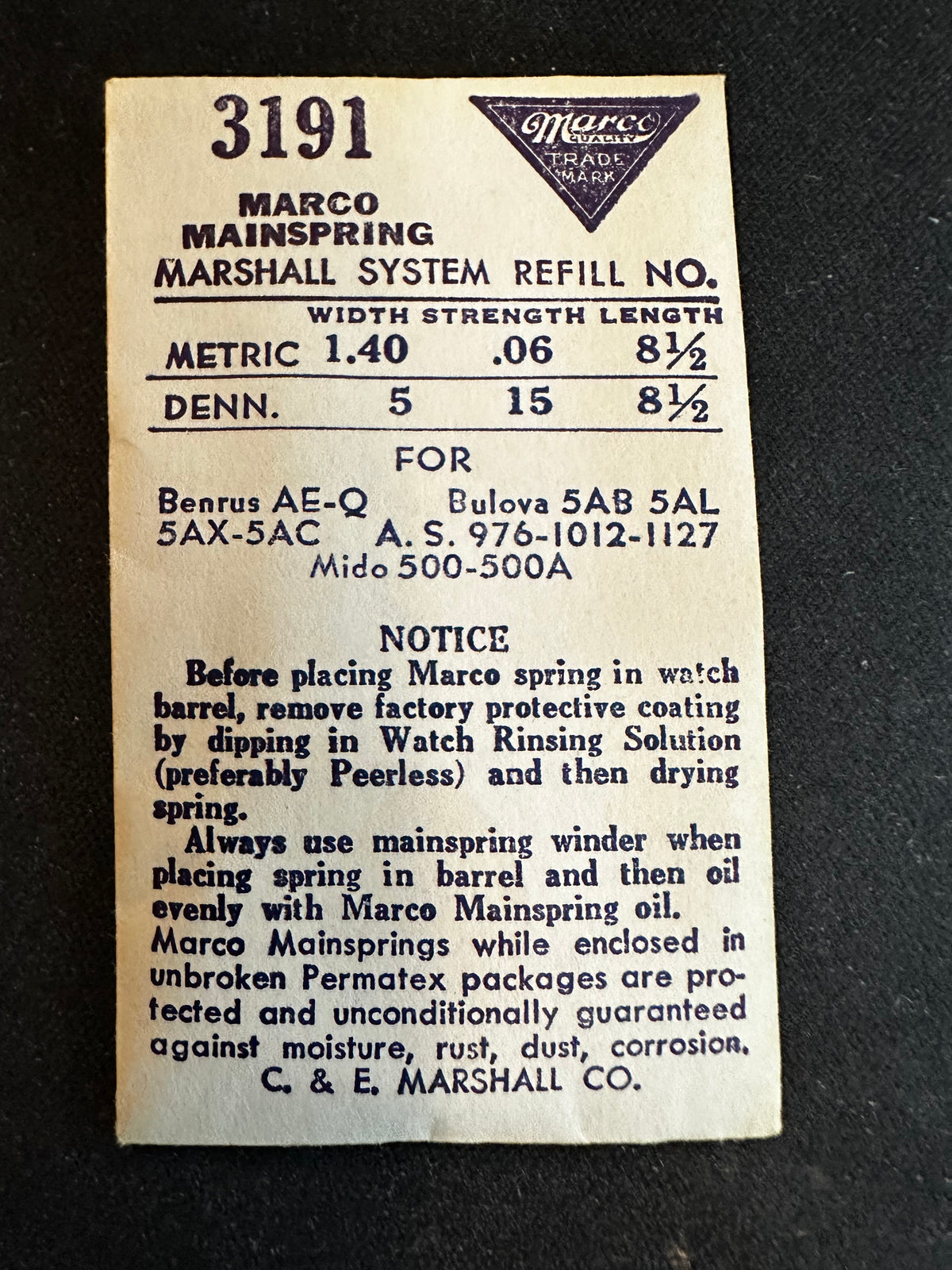 Marco Mainspring #3191 for Bulova 5AB, 5AL, 5AX, 5AC, AS 976, 1012, 1127, Mido 500, 500A - Steel