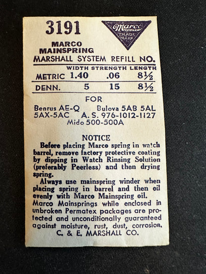 Marco Mainspring #3191 for Bulova 5AB, 5AL, 5AX, 5AC, AS 976, 1012, 1127, Mido 500, 500A - Steel