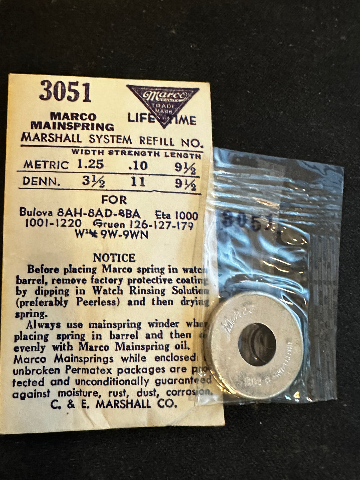 Marco Mainspring #3051 for Bulova  8AH, 8AD, ETA 1000, 1220, Gruen 126, 127, 179 - Steel