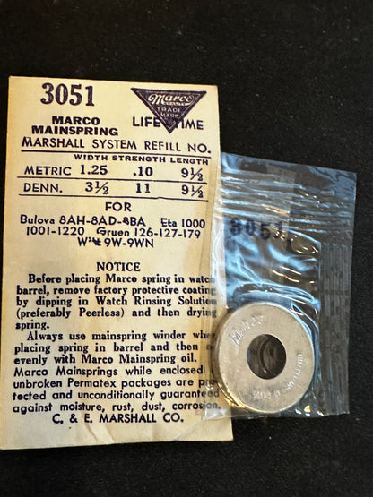 Marco Mainspring #3051 for Bulova  8AH, 8AD, ETA 1000, 1220, Gruen 126, 127, 179 - Steel