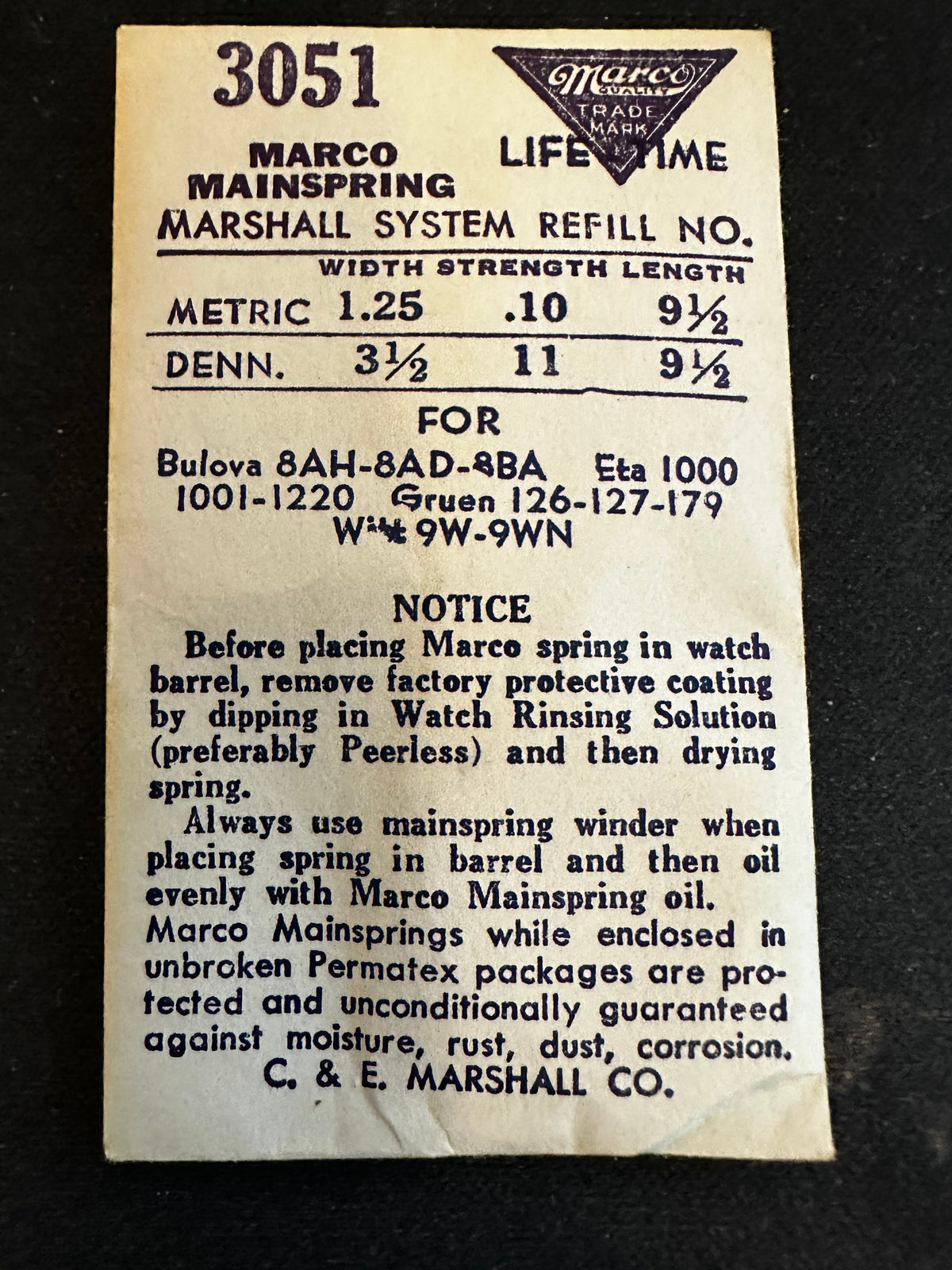 Marco Mainspring #3051 for Bulova  8AH, 8AD, ETA 1000, 1220, Gruen 126, 127, 179 - Steel