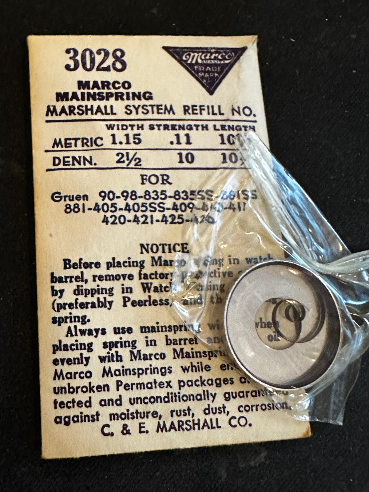 Marco Mainspring #3028 for Gruen 405, 405SS, 406, 410, 411, 420, 421, 425, 426 - Steel
