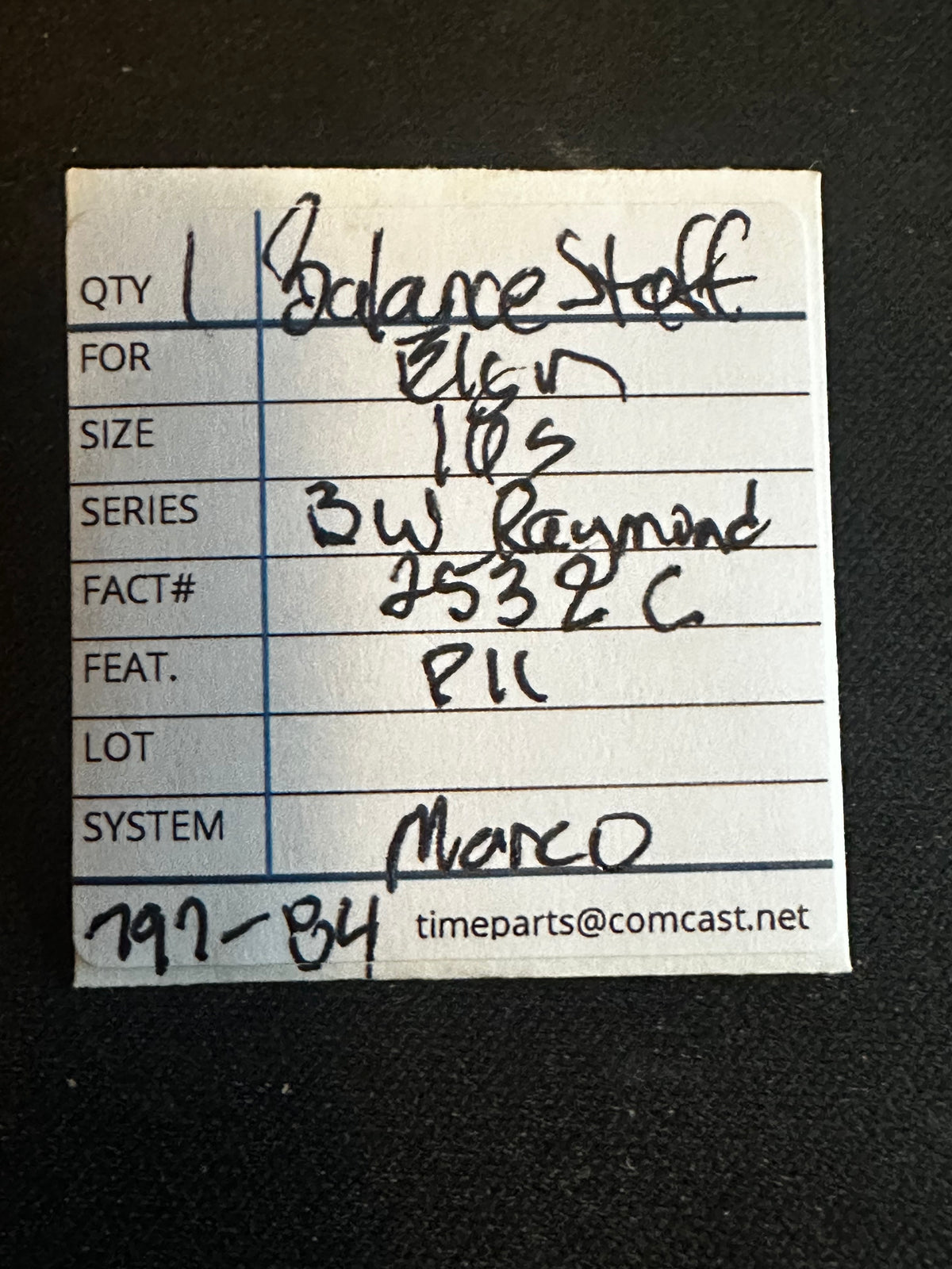 Marco Material Balance Staff for Elgin 16s B. W. Raymond, P11, No. 2532C - New