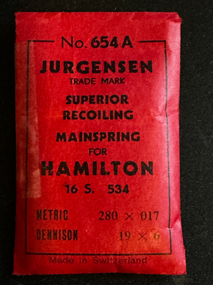 Jurgensen Mainspring #654A for 16s Hamilton Watch No. 534 - Steel