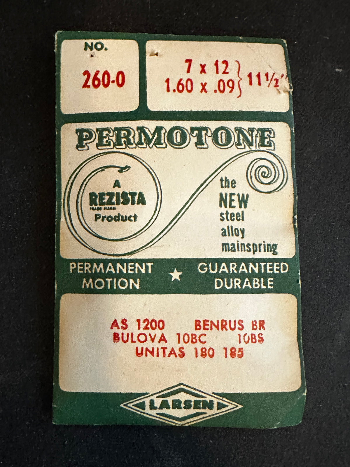 Rezista Permotone Mainspring No. 260-0 for Bulova 10BC, 10BS, Unitas 180, 185, AS 1200 - Alloy)