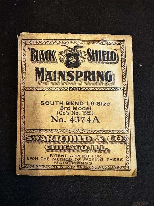 Swartchild Black Shield Mainspring #4374A for 16s South Bend No. 27528 - Steel