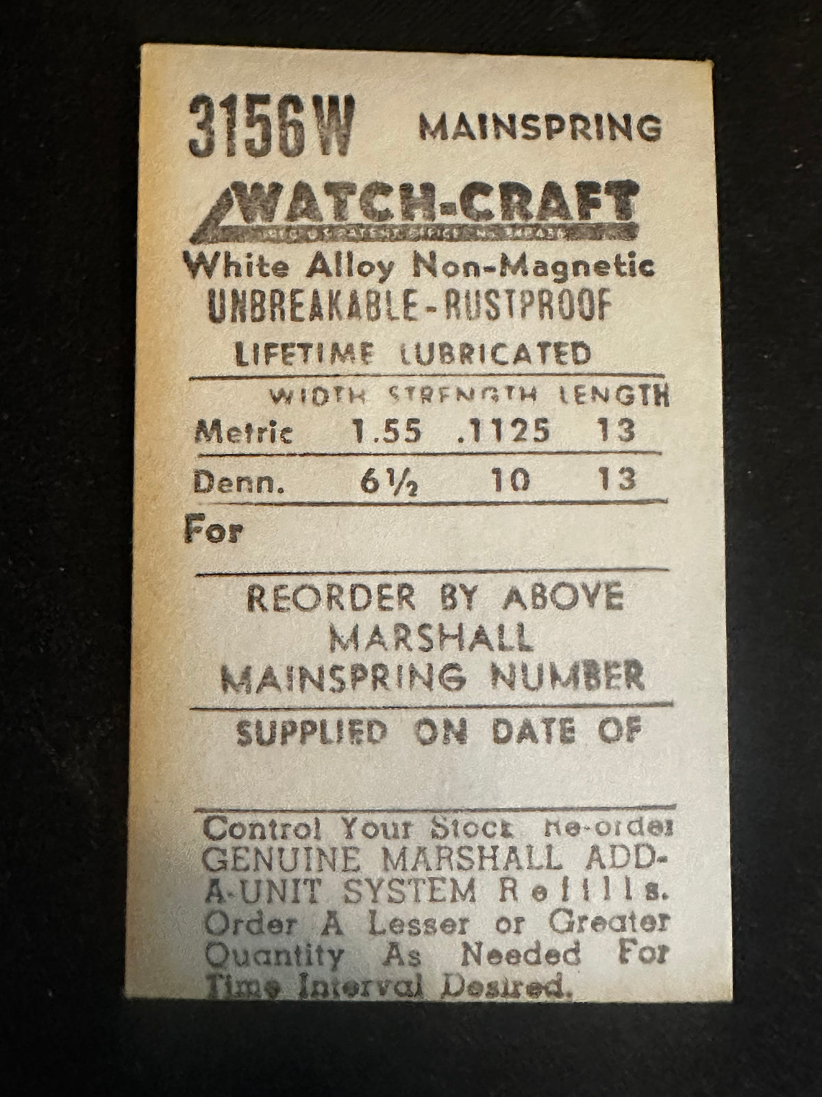 WATCH-CRAFT Mainspring 3156W for AS 1430, 1441, 1441N, 1442, 1442N, Elgin 679 - Alloy
