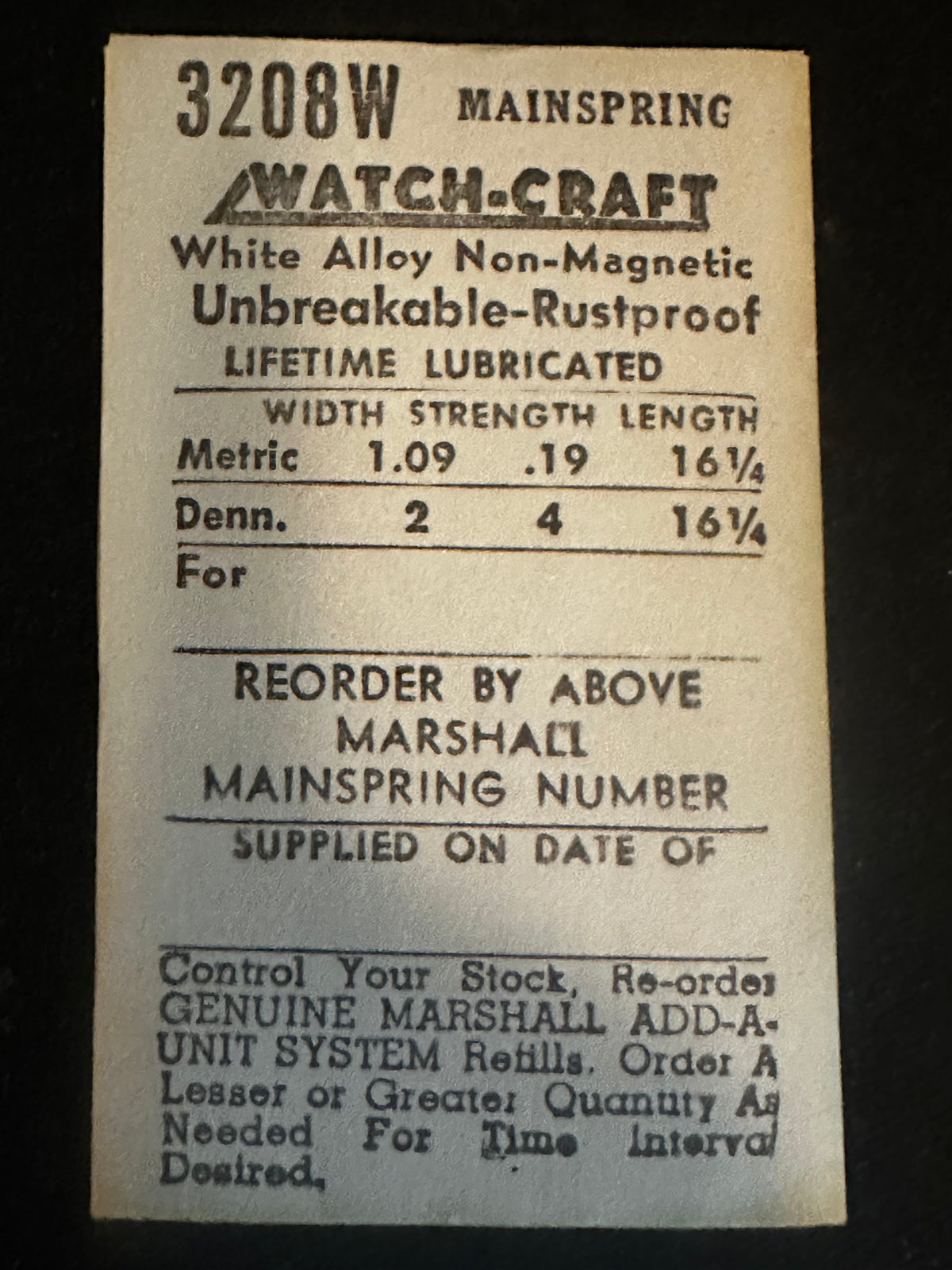 WATCH-CRAFT Mainspring 3208W for 16¾ & 17½ ligne Gruen 381, 381, 385, 386 - Alloy