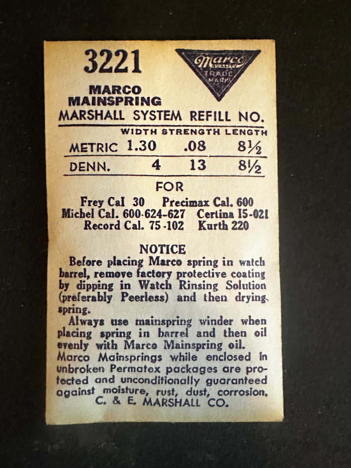 Marco Mainspring #3221 for Frey 30, Precimax 600, Certina 15-021, Record 75, 102, Kurth 220 - Steel