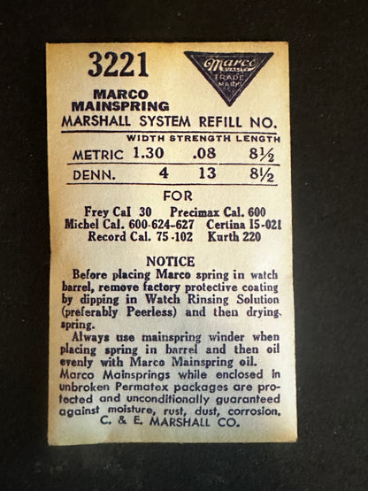 Marco Mainspring #3221 for Frey 30, Precimax 600, Certina 15-021, Record 75, 102, Kurth 220 - Steel