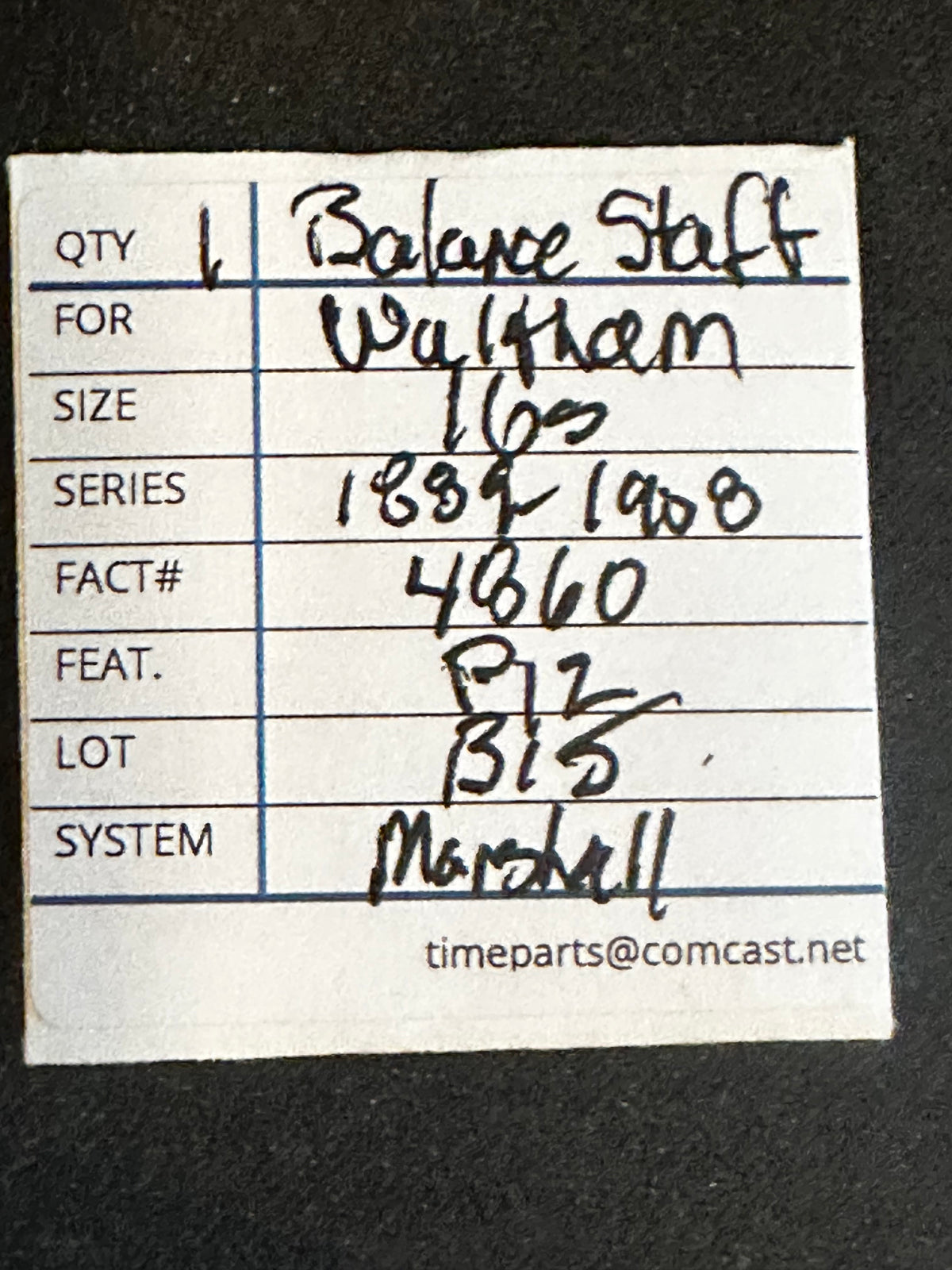 C & E Marshall Material Balance Staff for Waltham 16s Model 1899-1908, P12 No. 4860 - New