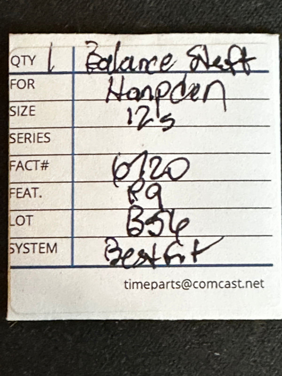 Hampden Balance Staff for 12s 3/4 plate & bridge models Factory No. 6720
