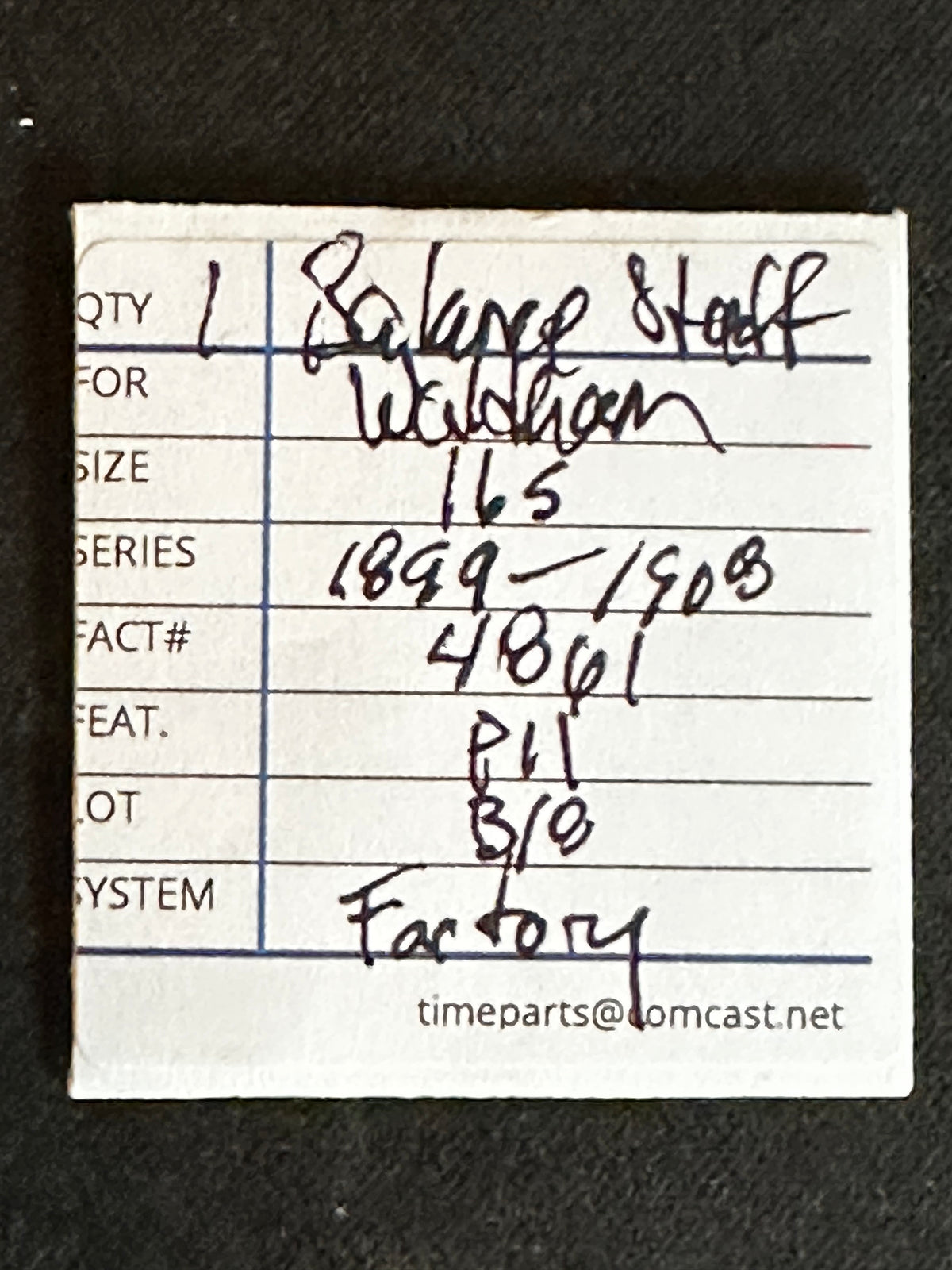 Waltham Factory Balance Staff for 16s Pocket Watch Movements No. 4861