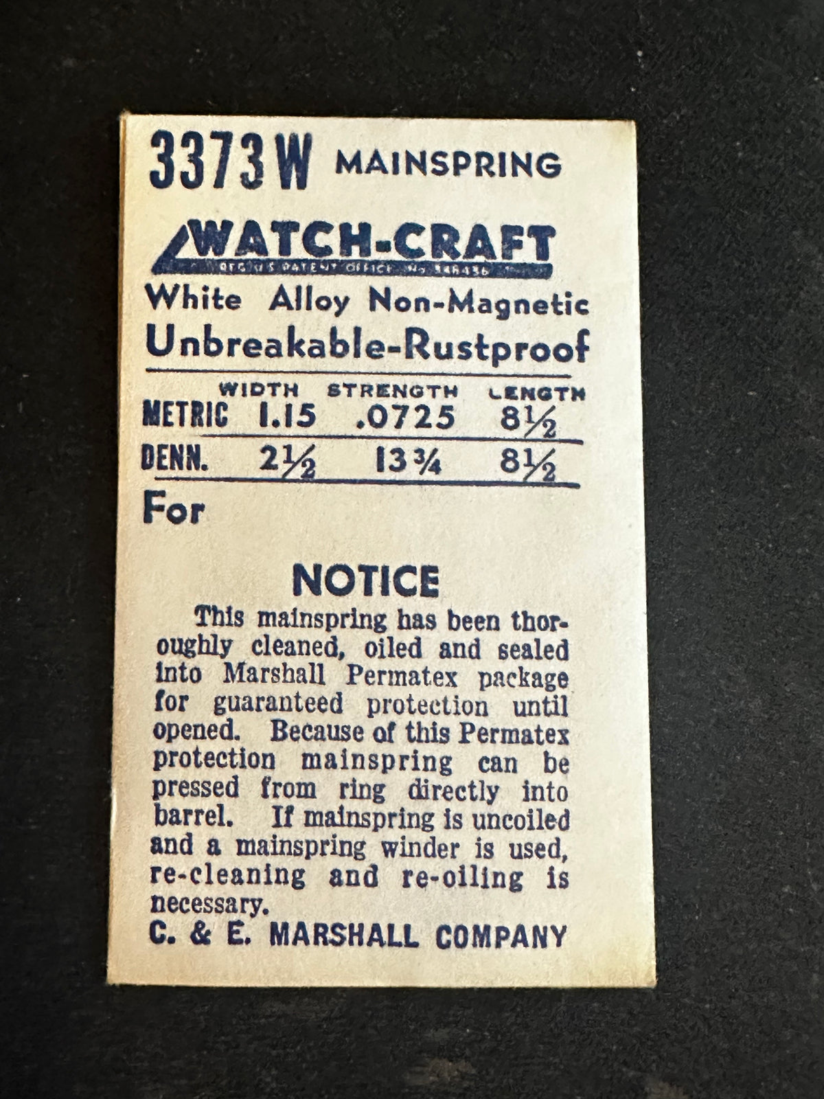 WATCH-CRAFT Mainspring 3373W for ETA 775, 776, 777, 780, 781, 782, 830, 831, 832, 848 - Alloy