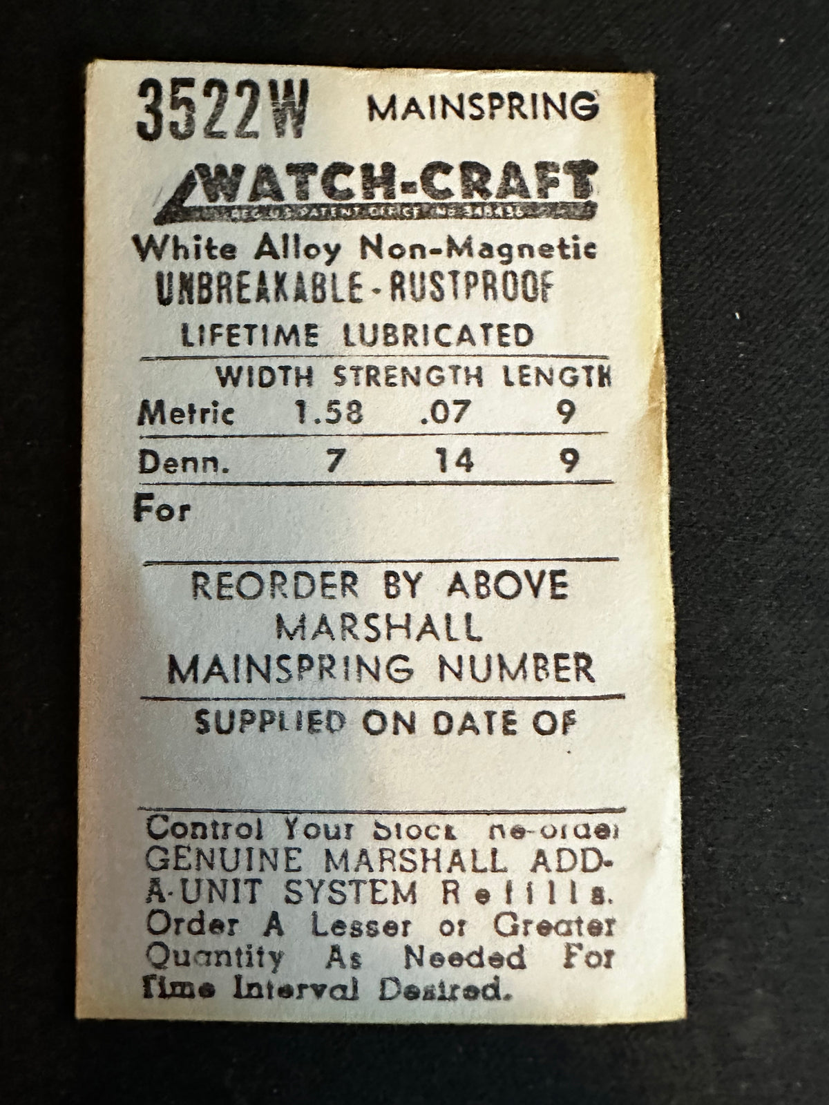 WATCH-CRAFT Mainspring 3522W for Bulova 7BU, 7WF, Benrus AF, Rolex 1061 - Alloy