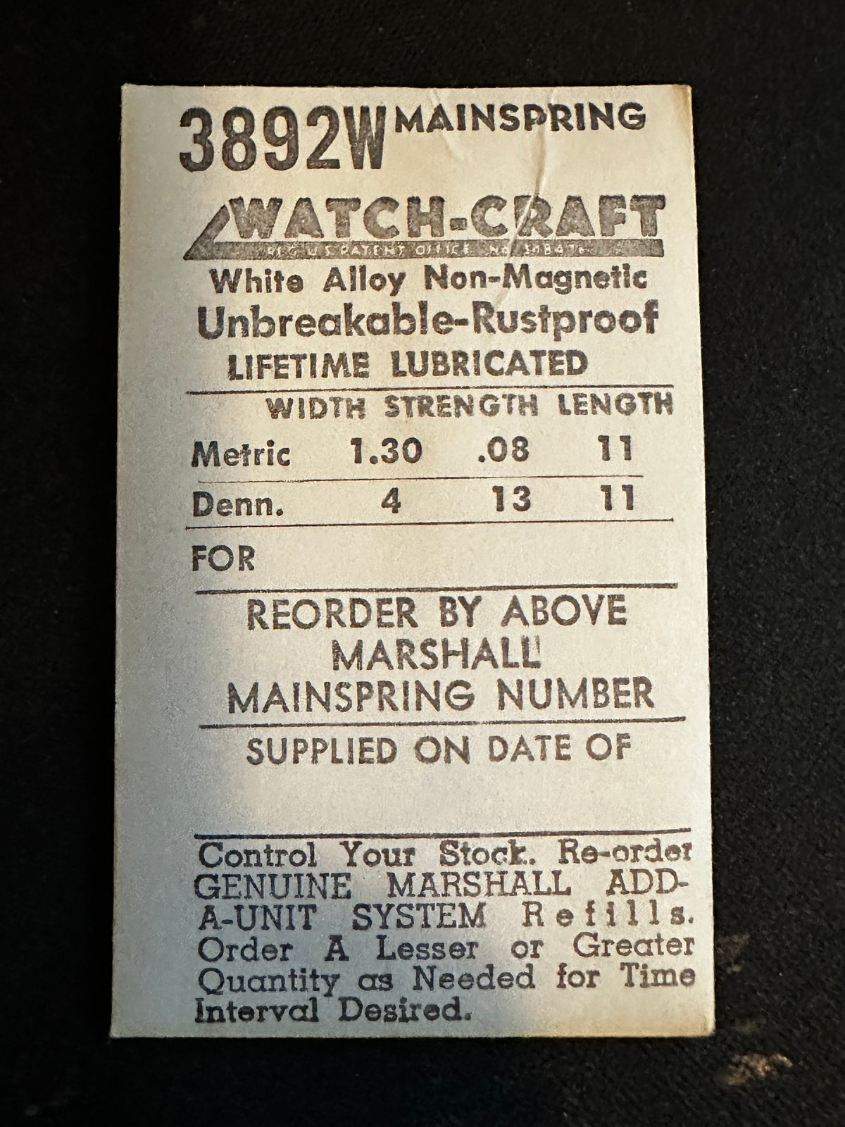WATCH-CRAFT Mainspring 3892W for ETA 1201, 1213, Cort 686, 687, Baumgartner 927 - Alloy