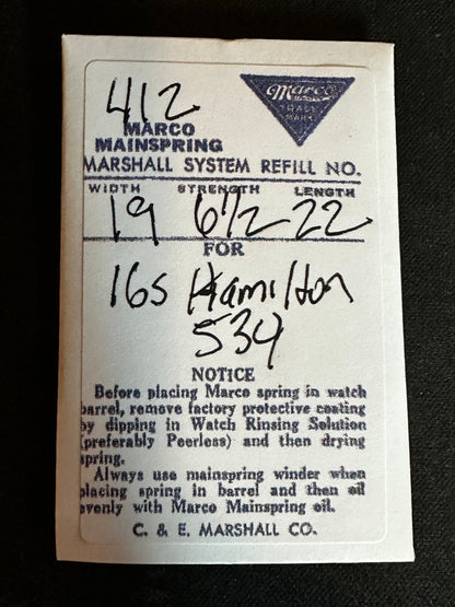 Marco Mainspring #412 for Hamilton 16s Model 992, 996, 950, 952 No. 534 - Steel