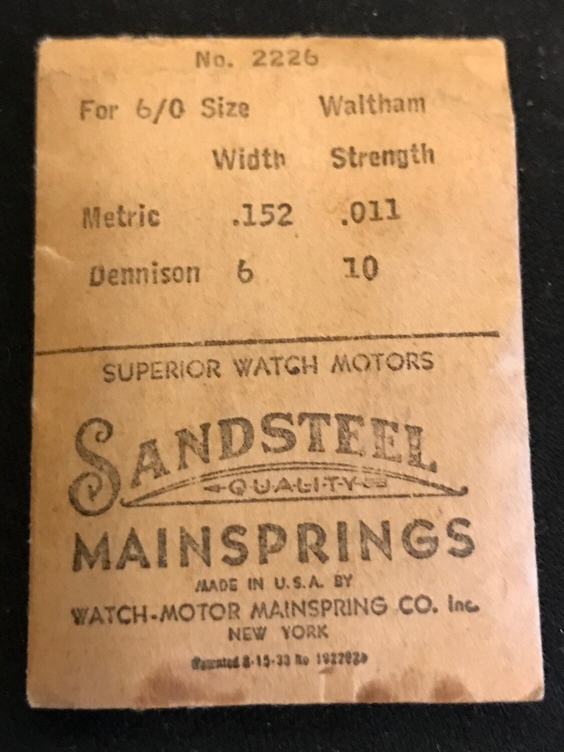 Sandsteel Mainspring for Waltham 6/0s Jewel & 1942 Series #2226 - Steel