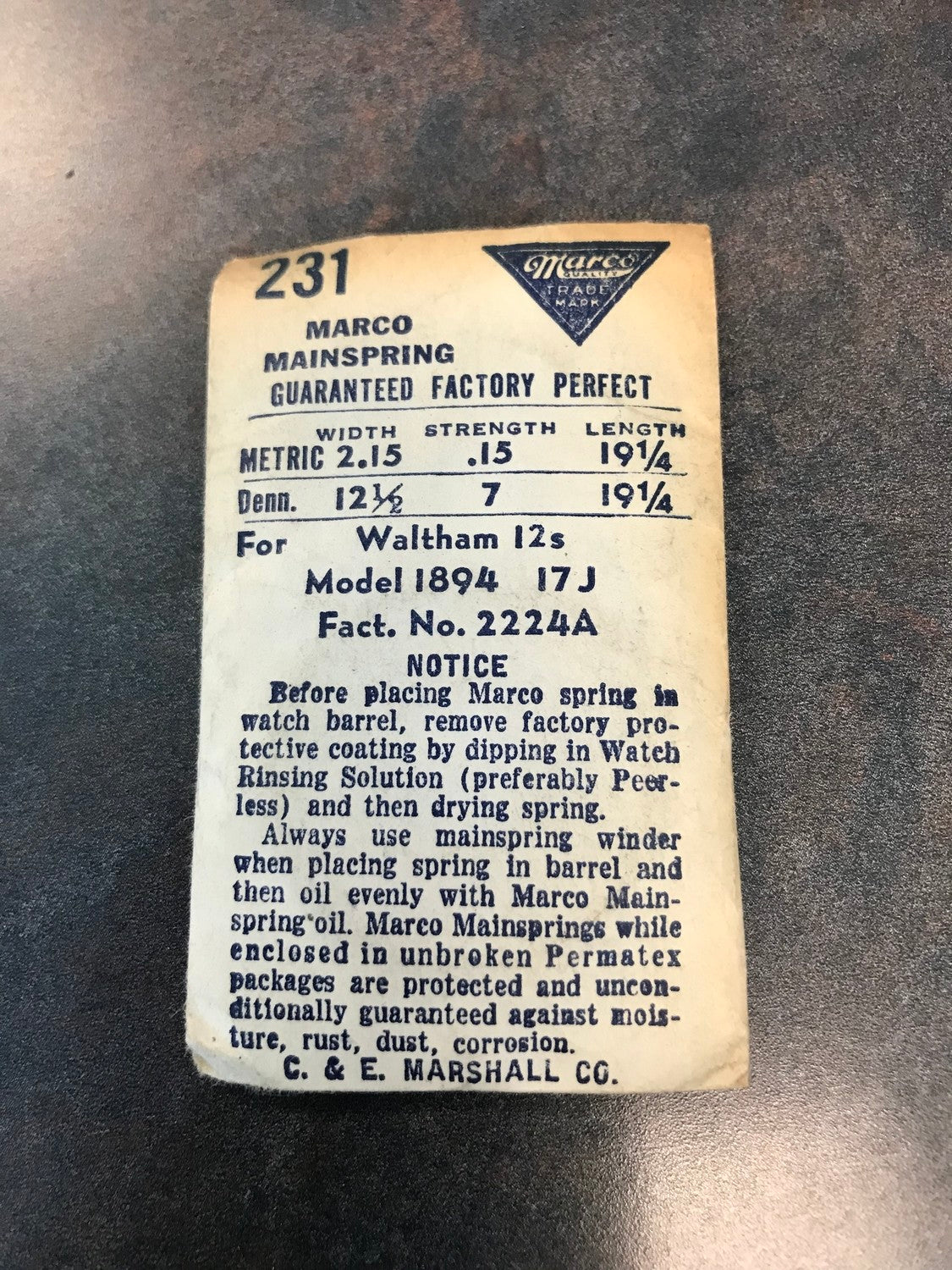 Marco Mainspring No.231 for 12s Waltham 17j #2224A - Steel