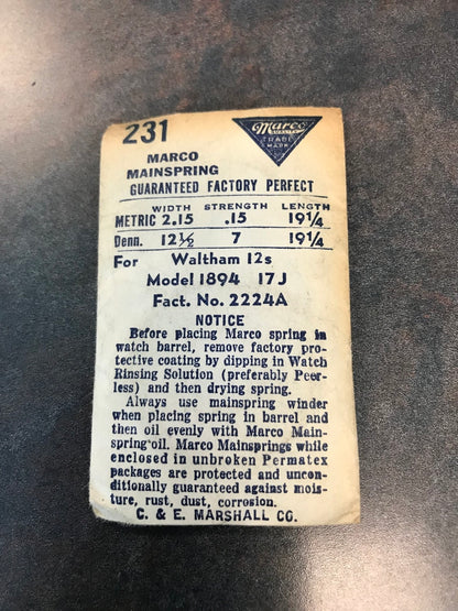 Marco Mainspring No.231 for 12s Waltham 17j #2224A - Steel