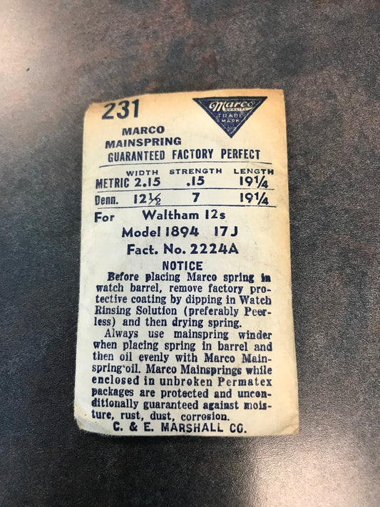 Marco Mainspring No.231 for 12s Waltham 17j #2224A - Steel