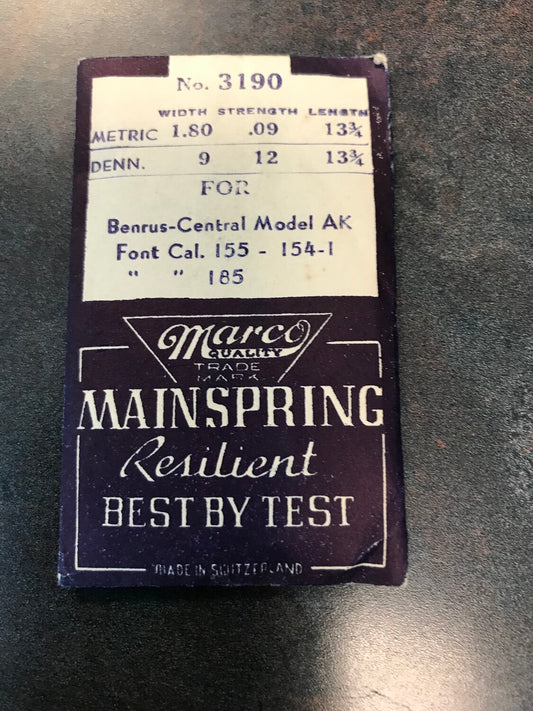 Marco Mainspring No. 3190 for Benrus / Central AK & Font 154, 185 - Steel