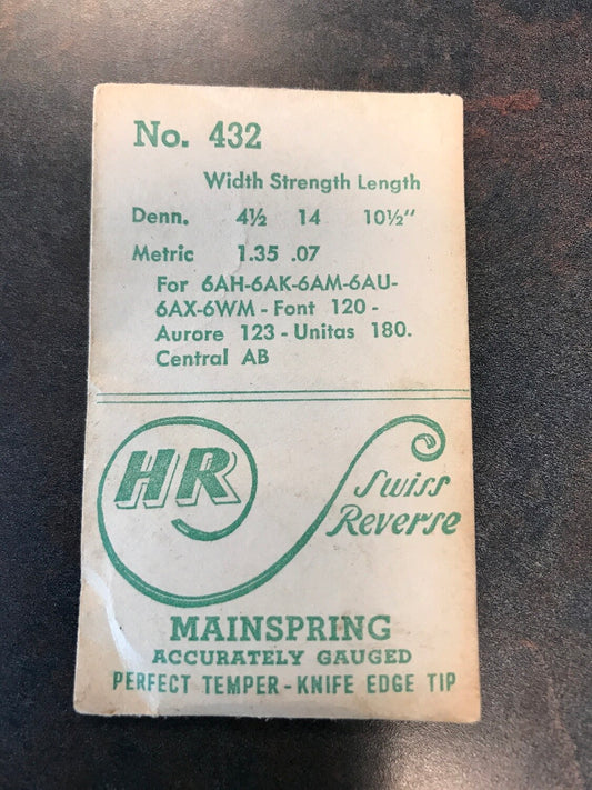 HR Mainspring No. 432 for Bulova 6AH, 6AK, 6AM, 6AU, 6AX & 6WM movements - steel