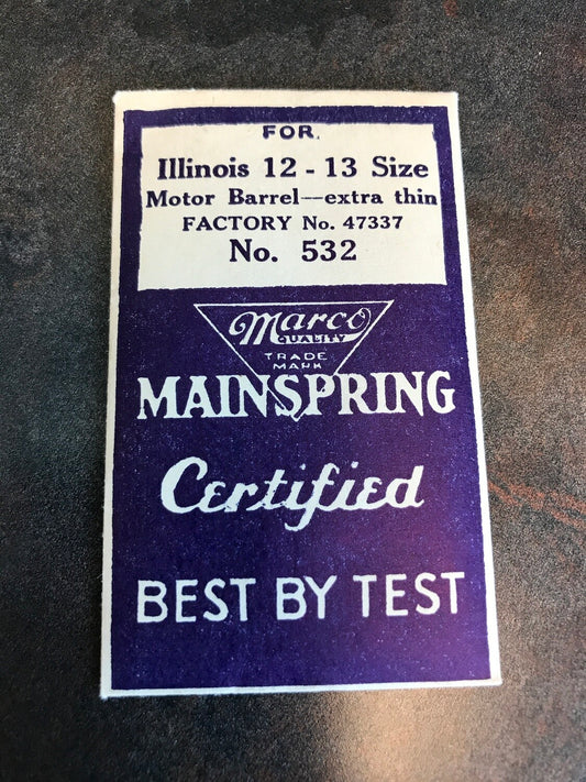 Marco Mainspring #532 for 12s - 13s Illinois Factory No. 47337 - Steel