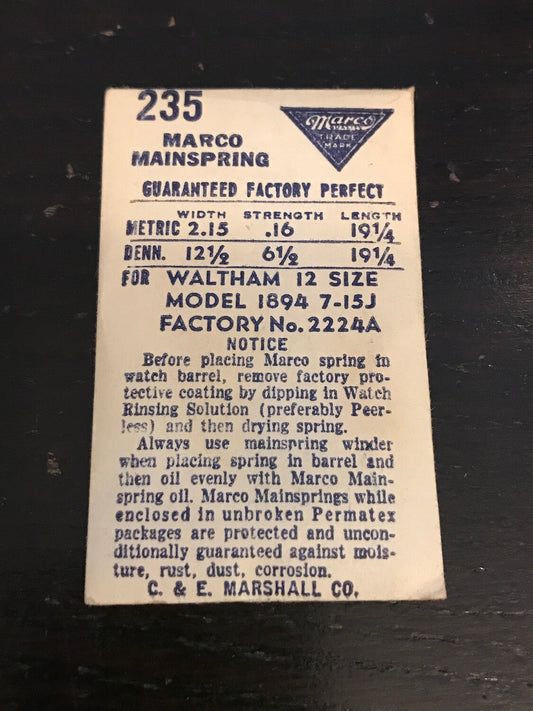 Marco Mainspring No.235 for 12s Waltham 7j to 15j #2224A - Steel