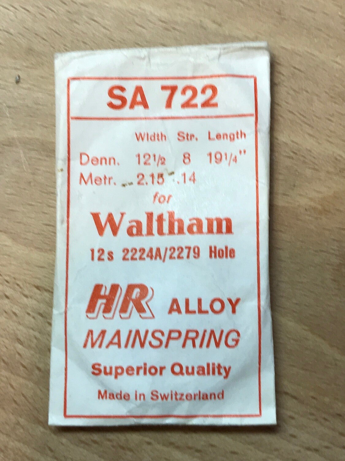 HR Mainspring SA722 for Waltham 12s Factory No. 2224A/2279 - Alloy