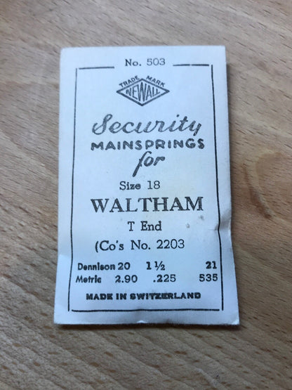 Newall Security Mainspring #503 for Waltham 18s Model 1877 #2203 - Steel
