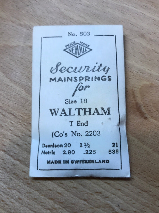 Newall Security Mainspring #503 for Waltham 18s Model 1877 #2203 - Steel