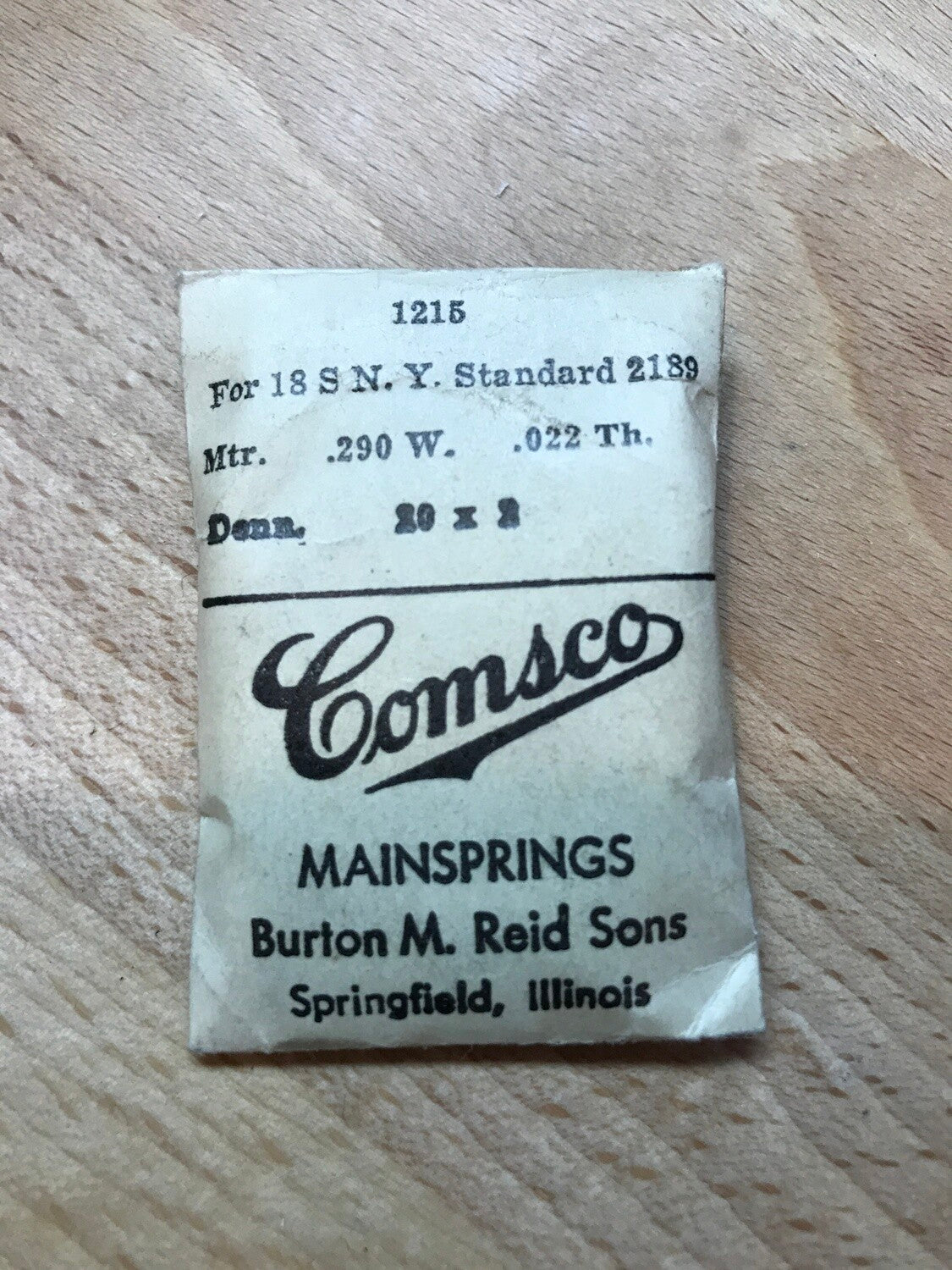 Comsco Mainspring #1215 for N.Y. Standard 18s Factory No. 2189 - Steel