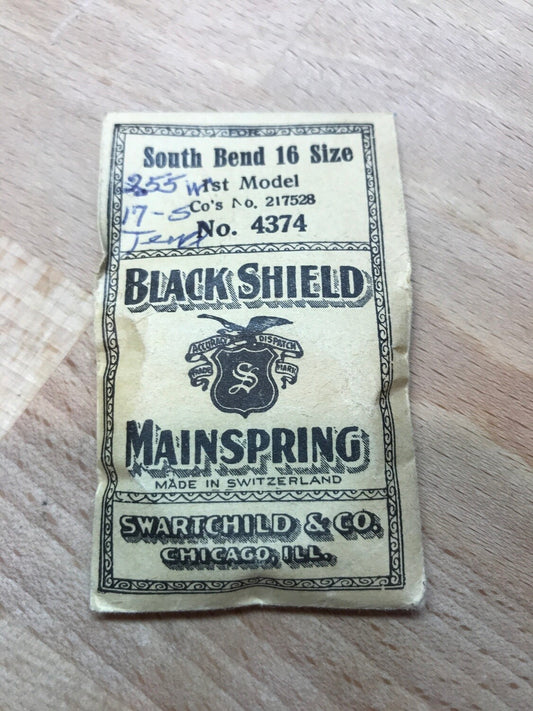 Swartchild Black Shield Mainspring for 16s South Bend No. 217528 - Steel