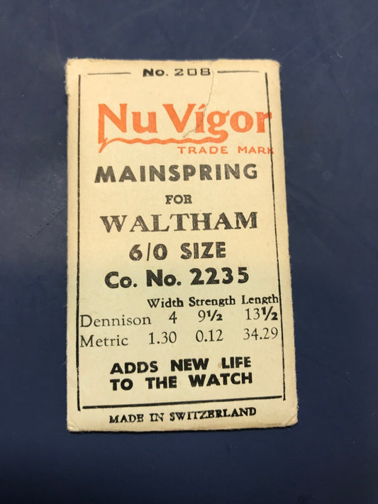 NuVigor Mainspring #208 for Waltham Jewel Series 6/0s No. 2235 - steel