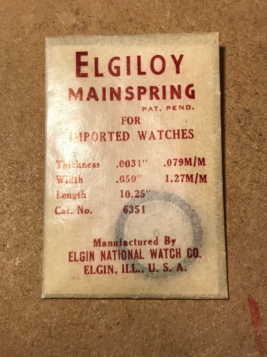 Elgin Mainspring for 3¾ x 10 ligne Grade 897 Factory No. 6351 - Alloy