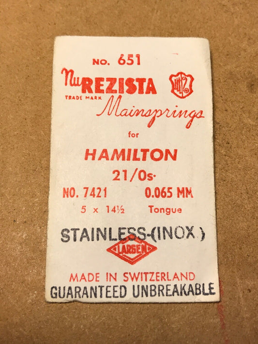 NuREZISTA Mainspring #651 for 21/0s Hamilton No. 7421 / 46432 / 717571 - Alloy
