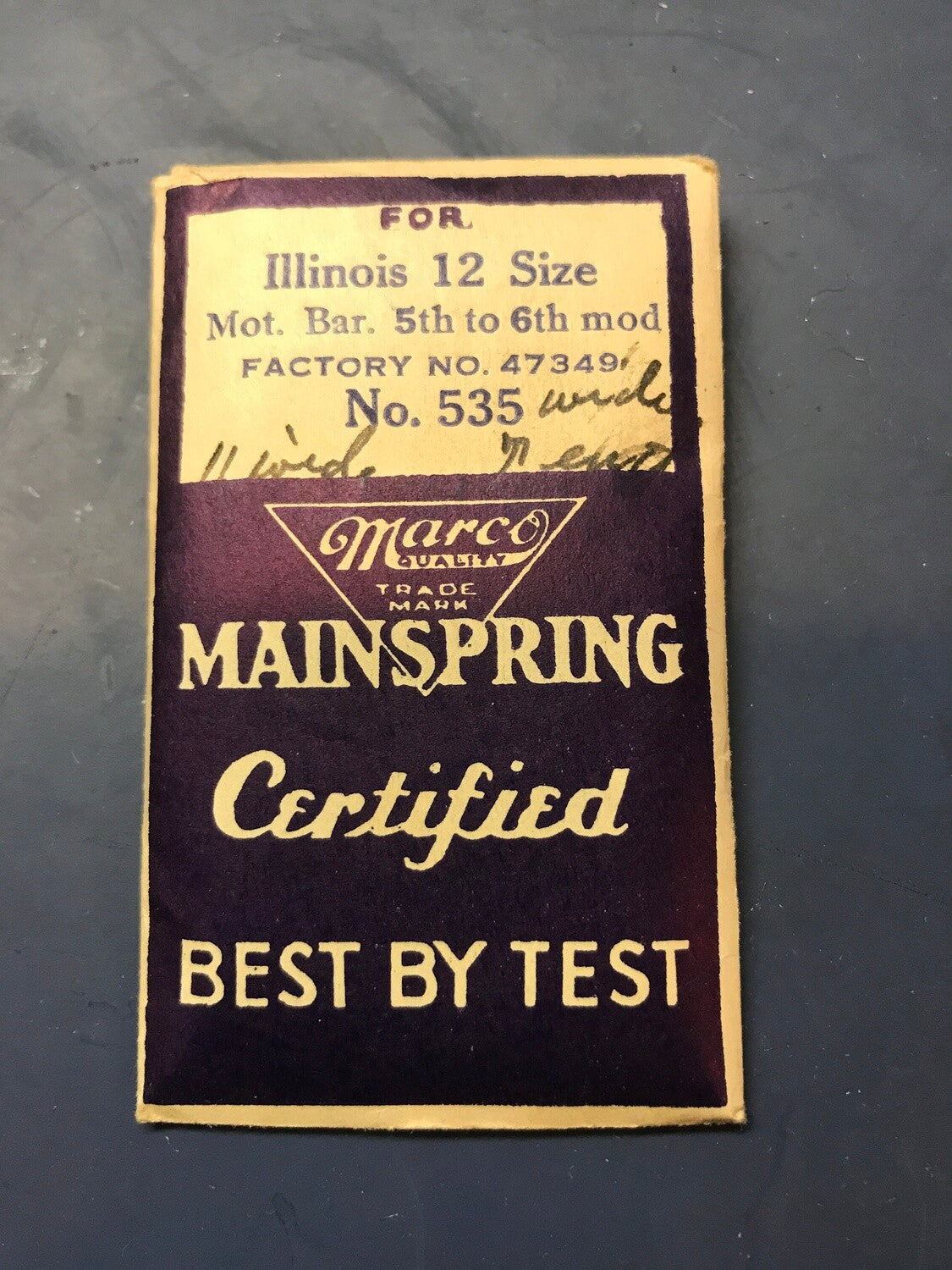 Marco Mainspring #535 for 12s Illinois Factory No. 47349 - Steel
