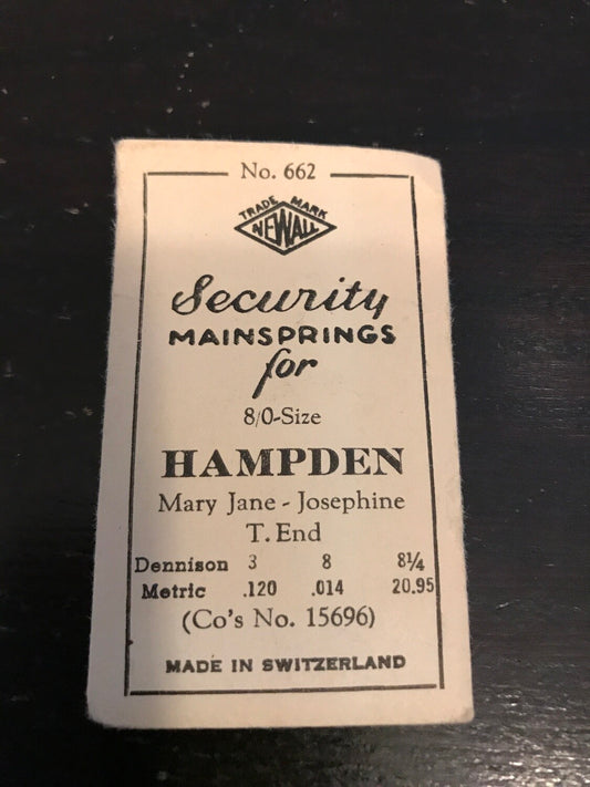 Newall Security Mainspring #662 for Hampden 8/0s Factory No. 15696 - Steel
