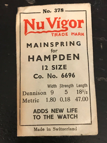 NuVigor Mainspring #378 for 12s Hampden Factory No. 6696 - Steel