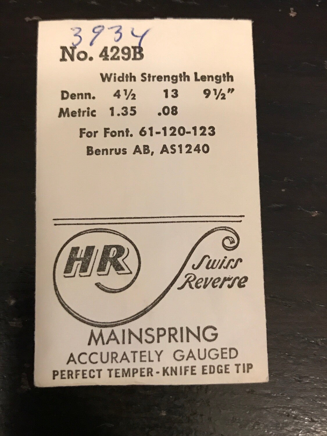 HR Mainspring No. 429B for Font 61, 120, 123, Benrus AB, AS 1240 - Steel