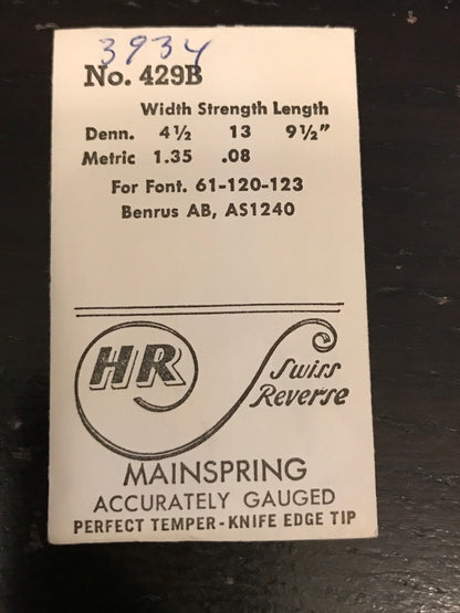 HR Mainspring No. 429B for Font 61, 120, 123, Benrus AB, AS 1240 - Steel