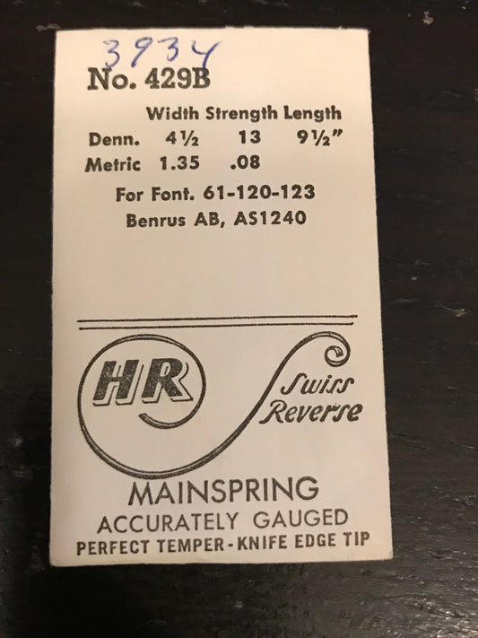 HR Mainspring No. 429B for Font 61, 120, 123, Benrus AB, AS 1240 - Steel