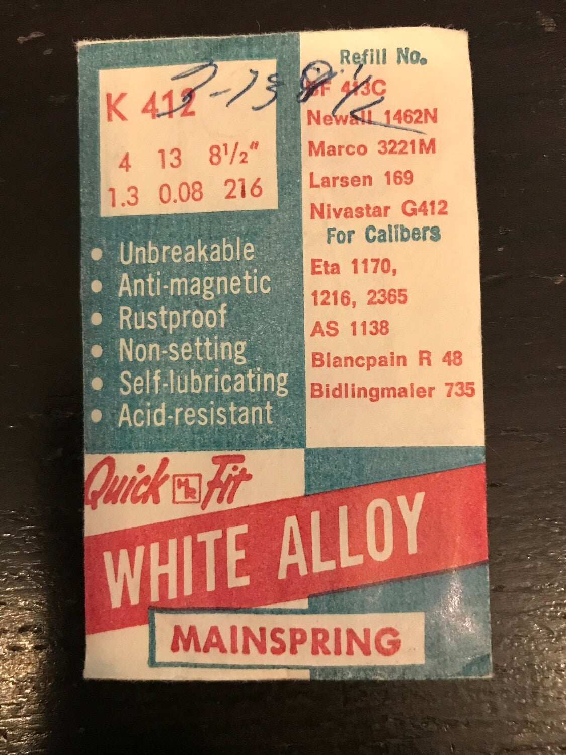 HR Quick Fit Mainspring K412 for Bidlingmaier 735, ETA 1170, 1216, 2365 - Alloy