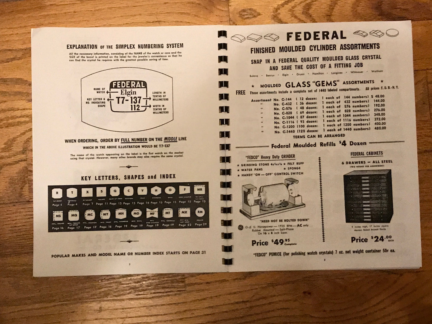 FEDERAL "GEMS" Watch Crystal Catalog No. 7M from 1950's reprint