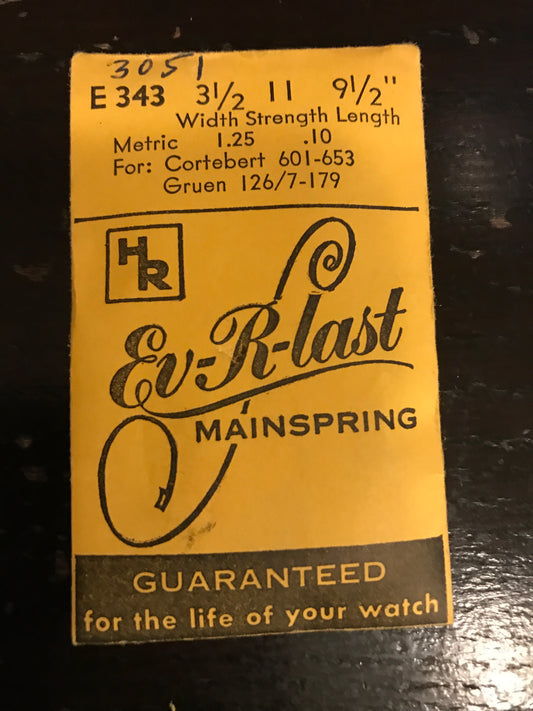 HR Ev-R-Last Mainspring E343 for Cortebert 601, 653 & Gruen 126, 127, 179 - Steel